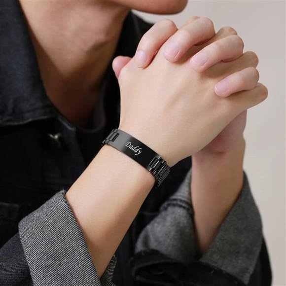 Masculine Daddy Watch Band Stainless Steel Link Bracelet Personalized Engraved - Picture 5 of 5